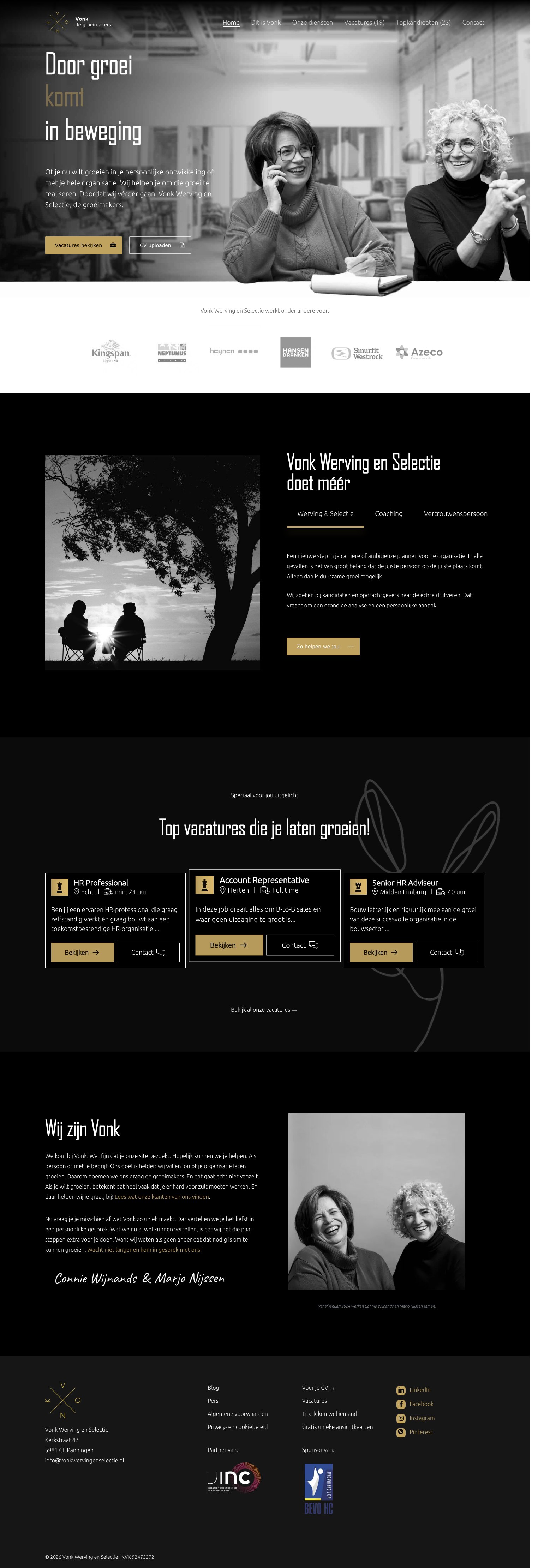 Screenshot van de website van Vonk werving en selectie