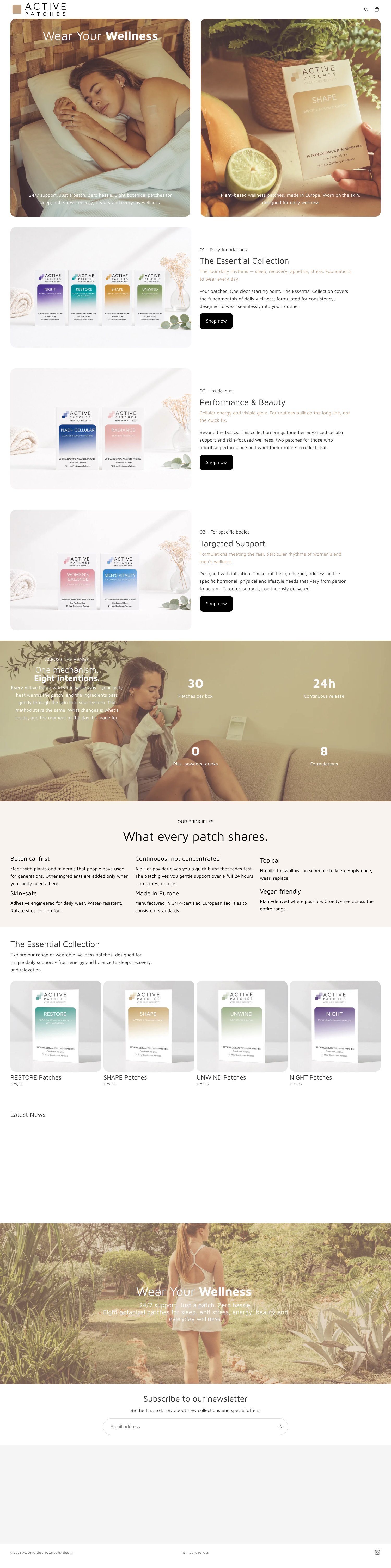 Homepage van de Shopify-webshop van ActivePatches